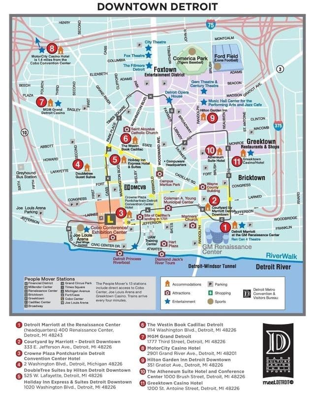 Mapa de passeios a pé em Detroit